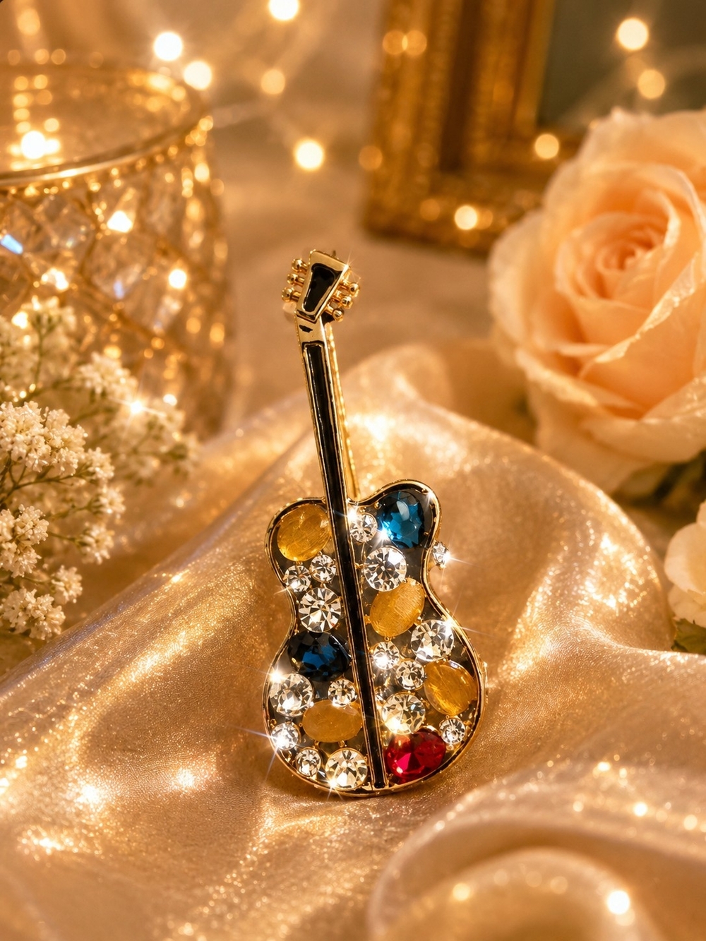 Crystal Guitar Brooch - Multicolor Rhinestones